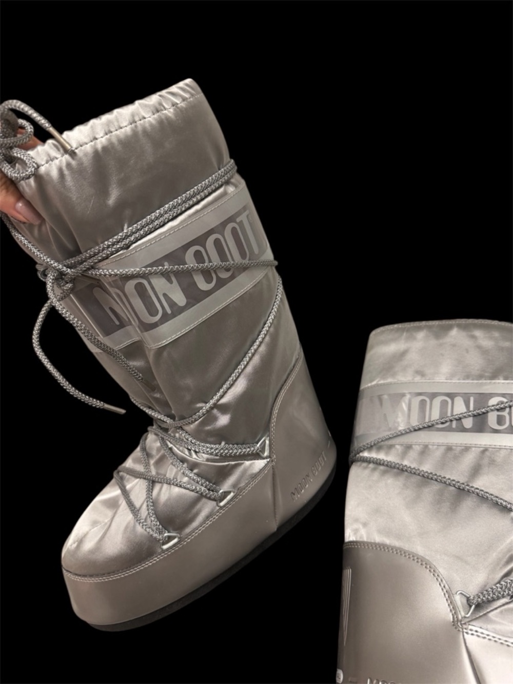 Moon Boot Silver Metallic Nylon Winter Lace-Up Boots